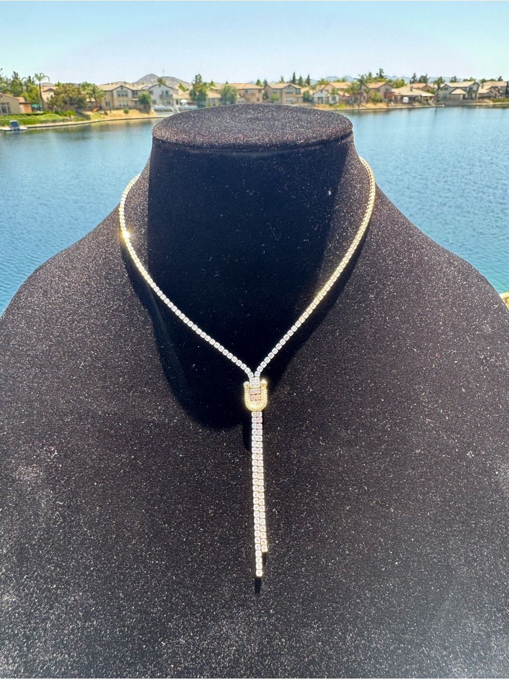 Gold and Clear Zirconia Lariat Necklace - Women Jewelry